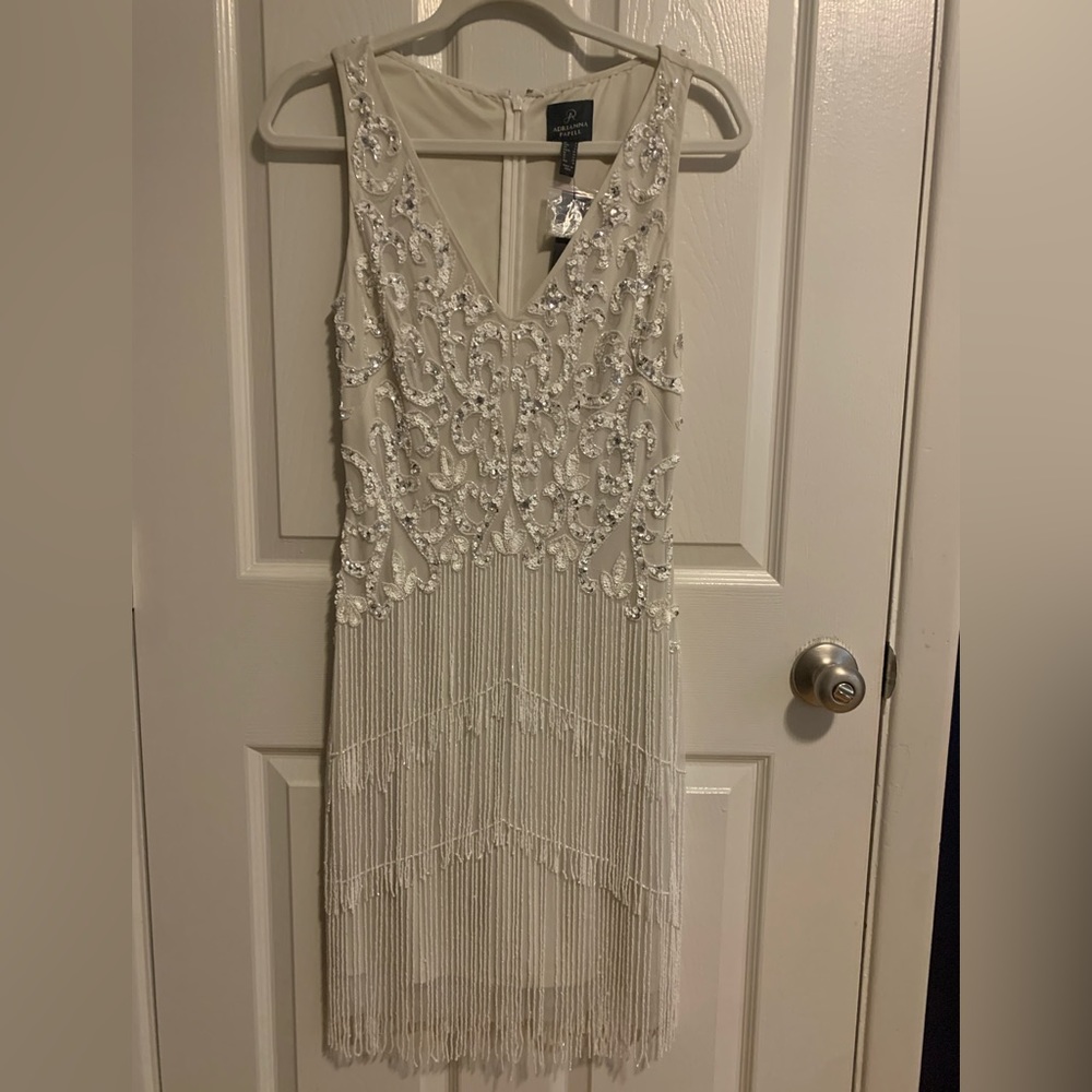Adrianna Papell Sequin and Beaded Dress with Fringe, Size 8